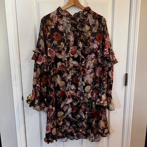 H&M Dark Floral Ruffle Chiffon Mini Dress Romantic Goth  Cottagecore Size 4